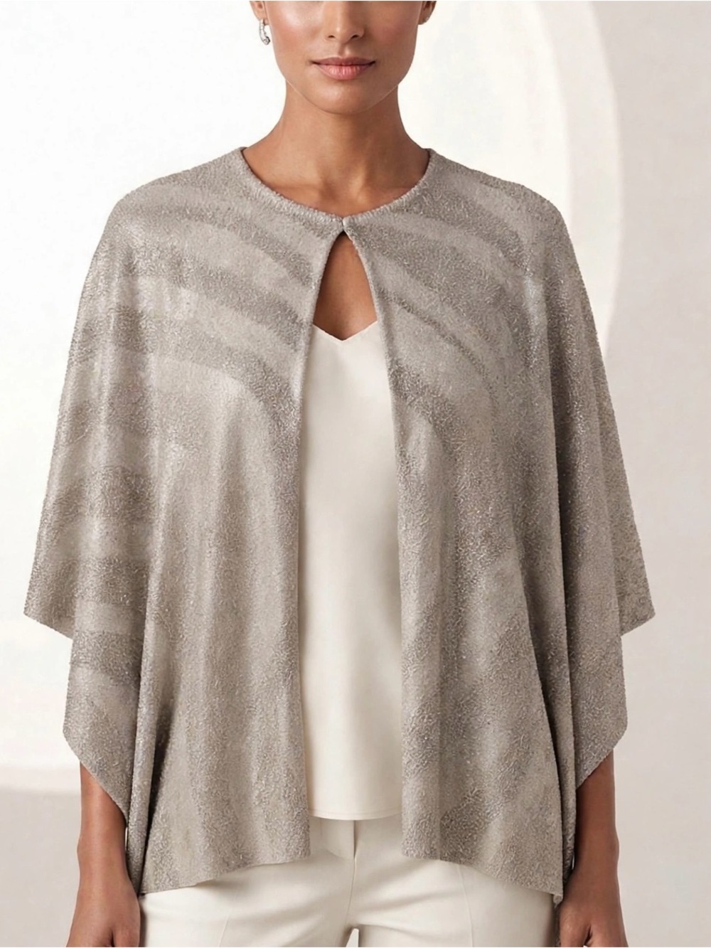 Chico's Taupe Metallic Shimmer Ruana Poncho Cape Jacket Size 2 / Large 12